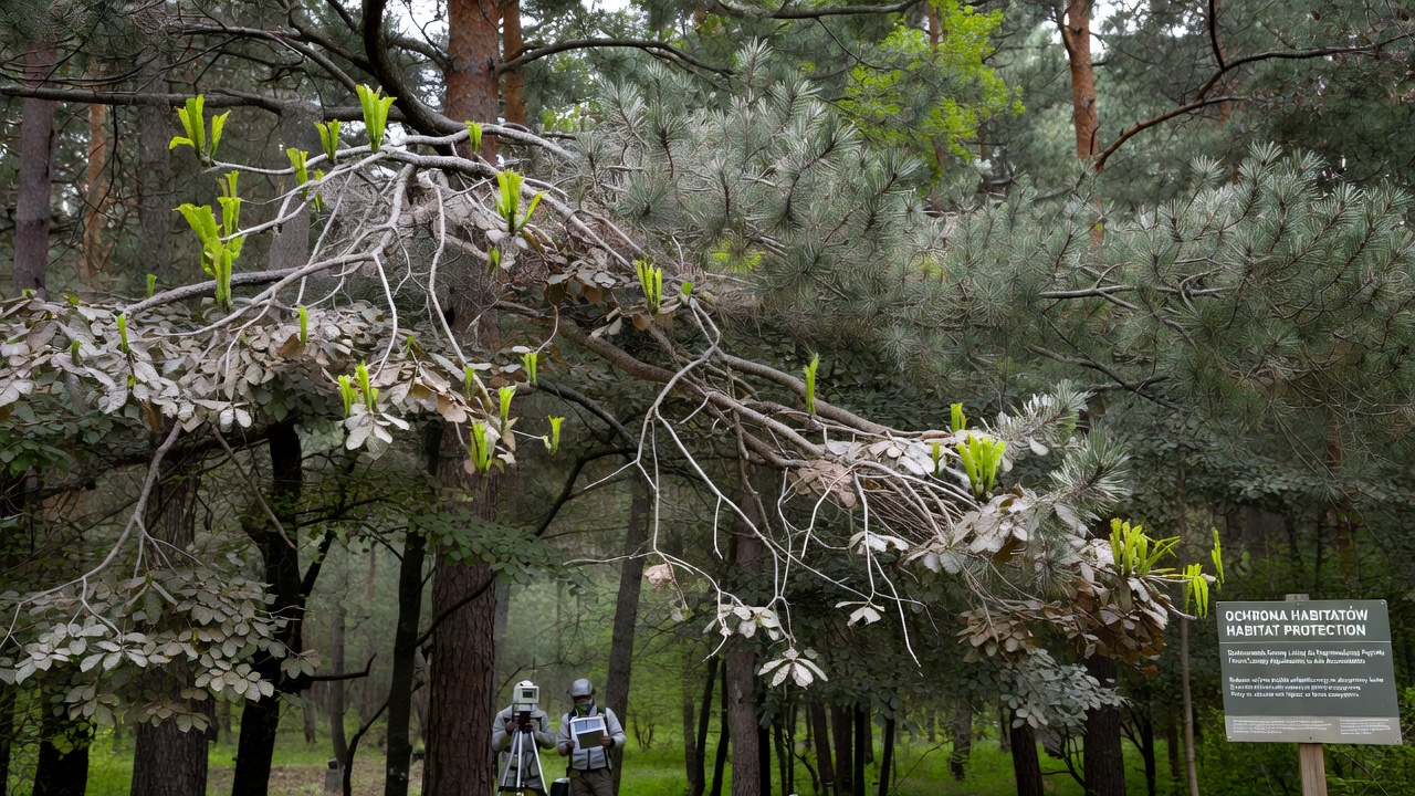 Researchers measuring canopy density and ash thickness in a Polish protected forest site